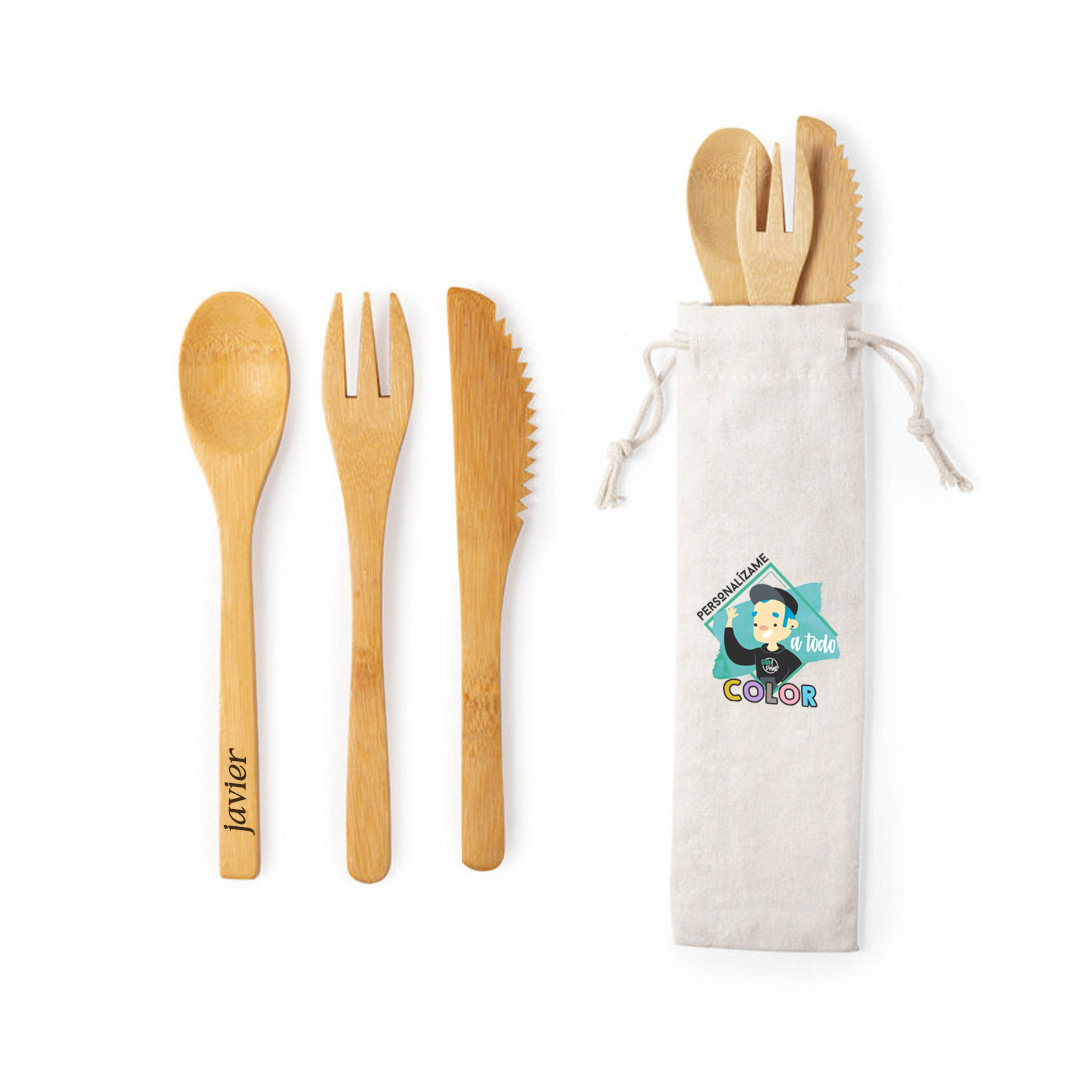 Set cubiertos bambú personalizado